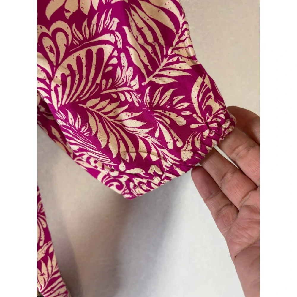 LOFT Petite XS Pink Leaf Print Square Neck Puff Sleeve Boho‎ Blouse Top